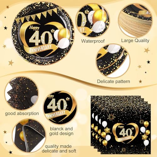 Pickmesh 400 Pcs 40th Anniversary Party Supplies, Black Gold Tableware Set - Image 2