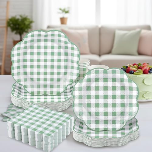 NatNarr 250 Pcs Sage Green Gingham Plates and Napkins, Scalloped Green and White Checkered Tableware Set Includes Disposable Plates Napkins and Cups for Wedding Birthday Picnic Baby Bridal Shower - Image 4