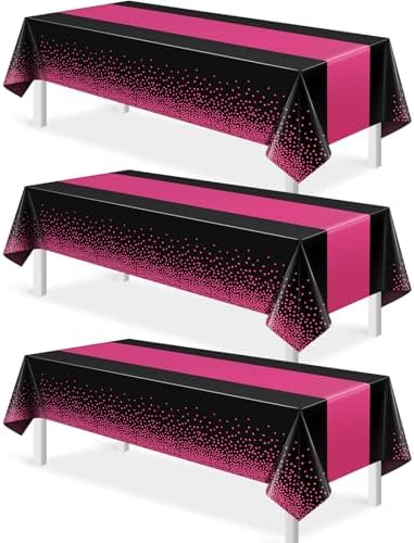 3Pcs Black Hot Pink Tablecloth Party Decorations,Plastic Black Table Cloth Printed Hot Pink Table Runner Disposable Rectangle Cover for Birthday Wedding Anniversary Graduation Party,54x108 Inch by MASHAN
