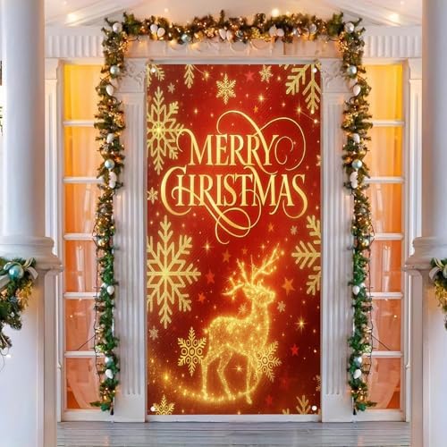BlissYard Merry Christmas Door Cover 71x35 Inch Front Porch Door Banners Decoration Winter Golden Reindeer Snowflake Stars for Sign Party Indoor Decor - Image 2