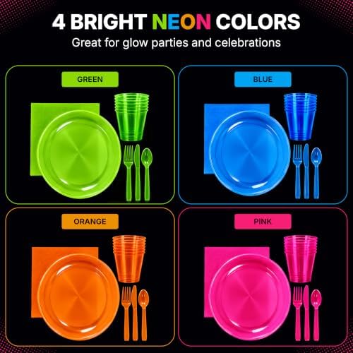 Kedudes Neon Glow Party Supplies, Serves 32 - Hard Plastic Disposable Party Neon Plates, Napkins, Neon Cups Tumblers, Cutlery - Forks, Knives, Spoons - Neon Party Decorations - Fiesta Party Supplies - Image 4