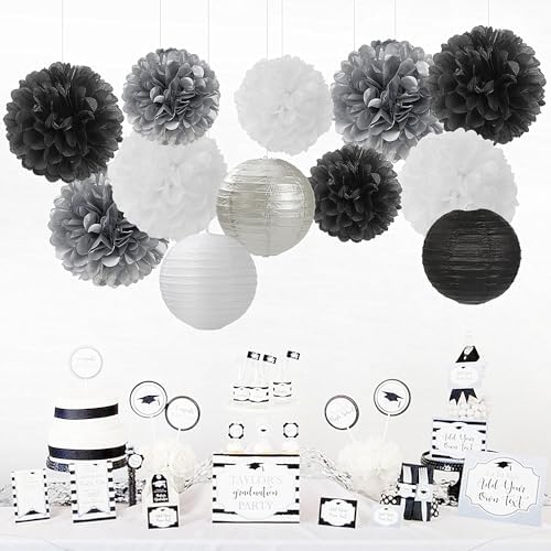 Black White Silver Party-Decorations Paper Flowers Lanterns - 15PCS Birthday Halloween Wedding Tissue Pom Poms Streamers, Halloween Prom Baby Shower Bachelorette Hanging Supplies Decor Hugfond - Image 3