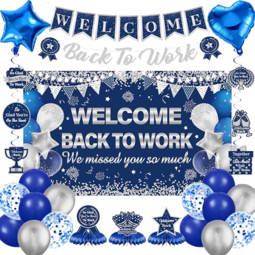 27pcs Welcome Back to Work Decorations Office Blue Silver Welcome Back to Work Banner Balloons We Missed You So Much Backdrop Hanging Swirls Table Centerpieces Foil Balloons for Back to Work Office by Unknown