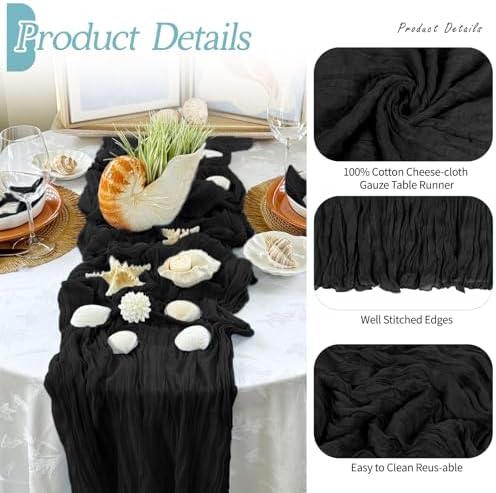 6 Pack Black Cheesecloth Table Runner 17x108 Inch Semi Sheer Boho Gauze Cheese Cloth Fabric Table Runners Table Decor for Wedding Party Baby Shower Birthday Home Decor Garden Farmhouse - Image 5