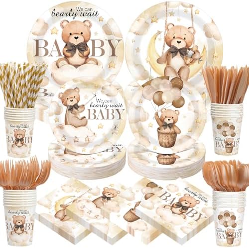 450 Pcs Bear Baby Shower Tableware Set, Serve 50, Brown by Unknown