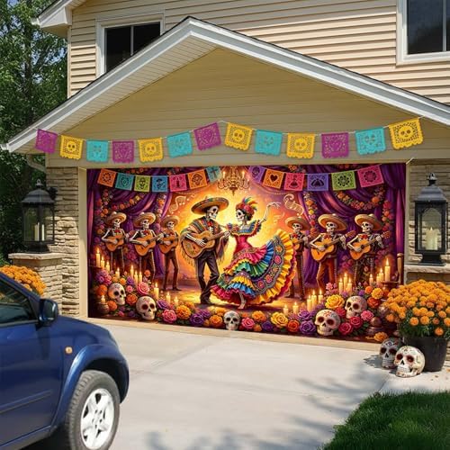 Day of The Dead Garage Door Cover 8x7ft Skull Dancing Halloween Decor - Image 3
