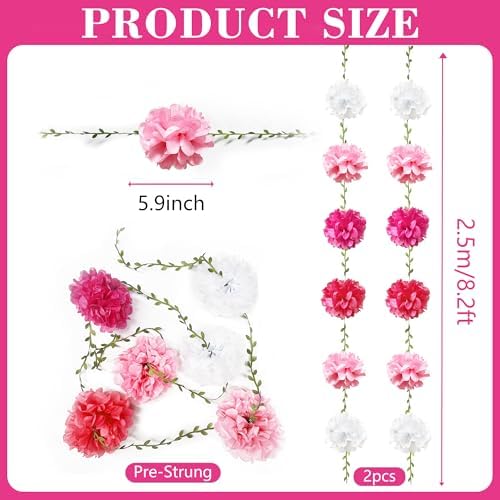 Hot Pink White Party Decorations Ombre Pink White Tissue Paper Flowers Pom Pom Leaf Ribbon Hanging Streamer Garland for Women Girls Birthday Bachelorette Wedding Shower Flamingo Party Supplies - Image 2