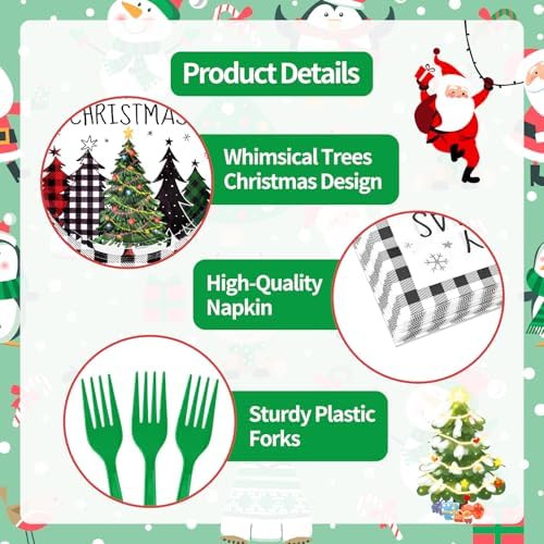 96 Pieces Christmas Tree Tableware Party Supplies – Black and White Buffalo Plaid Disposable Dinnerware with Paper Plates, Napkins, and Plastic Forks for Rustic Winter Celebration – Serves 24 - Image 3