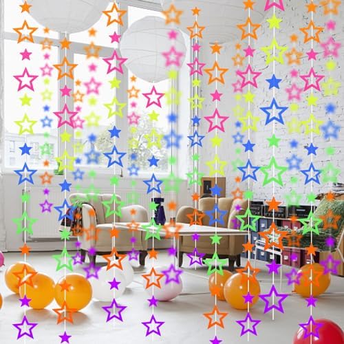126feet UV Paper Garland Hollowed Star Neon Streamers Black Light Decorations Glow Party UV Reactive Party Favors Glow in The Dark Supplies and Decorations Wedding Birthday Banner - Image 4