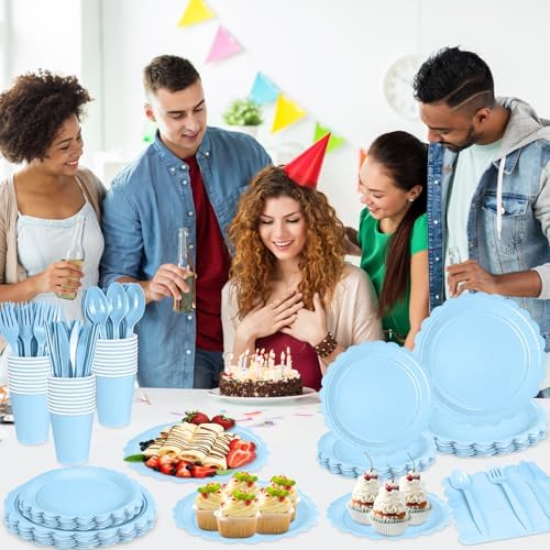 WNINK 175 PCS Light Blue Scalloped Plates and Napkins, Blue Disposable Plates Set with Napkins Cups Plastic Spoons Forks Knives for Birthday Baby Shower Gender Reveal Party Supplies Serve 25 Guests - Image 4