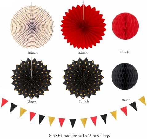 Red-Black Gold Casino Theme Party-Decorations - 20pcs Game Night Paper Lanterns Fans,Tissue Pom Poms,Honeycomb Balls,Bunting,Birthday Graduation Wedding Bridal Baby Shower Decor Burgleda - Image 2