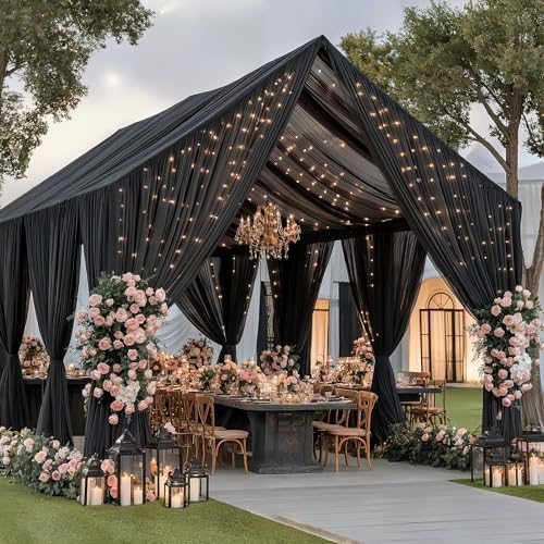 6 Panels Black Ceiling Curtains with Lights for Weddings - 5ftx30ft Wrinkle-Free Tulle Fabric Wedding Arch Draping Ceiling Drapes Decorations for Wedding Party Ceremony Stage Tent Event - Image 6