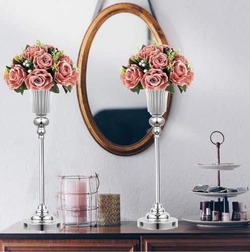 22.5inch Versatile Metal Wedding Centerpiece Vases - Set of 2 Tall Silver Trumpet Vases, Elegant Silver Centerpiece Stands for Road Leading Wedding Reception Party Event Anniversary Home Decor - Image 7