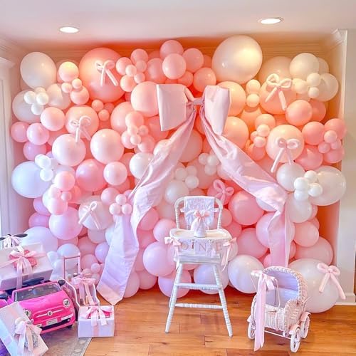 Pink Bow Balloons Garland Arch Kit,180Pcs Pink and White Balloons with Clear Balloon Wrap Bows for Wedding Bachelorette Baby Shower Coquette Birthday Party Decorations - Image 6
