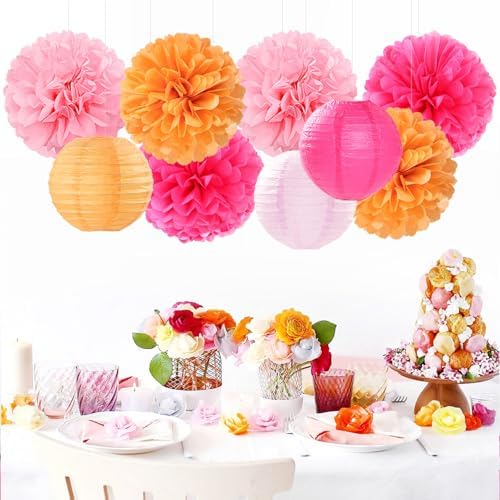 Pink-Orange Party-Decorations Paper-Flowers Lanterns - 15PCS Fall Wedding Birthday Tissue Pom Poms Streamers, Boho Baby Bridal Shower Graduation Sunset Hanging Supplies Decor Hugfond - Image 2