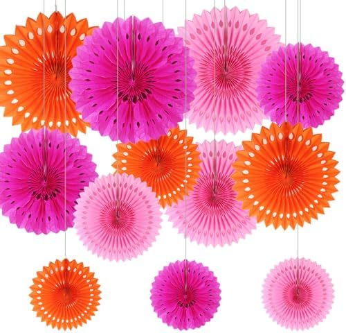 12PCS Hot Pink and Orange Paper Fans Decorations,Hanging Ceiling Honeycomb Round Tissue Paper Fans for Birthday Wedding Party Decorations by CC+wonderland+zone