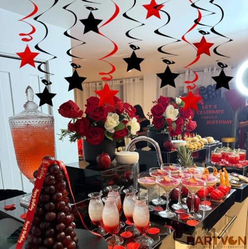 Red Black Hanging Swirl Decorations - 32 Pcs Metallic Ceiling Swirls with Foil Stars, Plastic Streamers for Graduation, Halloween, Casino Night, Birthday, Bachelorette Party Supplies - Image 6