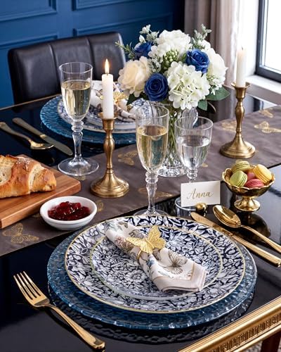 Hioasis Blue Plastic Plates, Blue Floral & Gold Rim, 60 Pcs for 30 Guests - Image 5