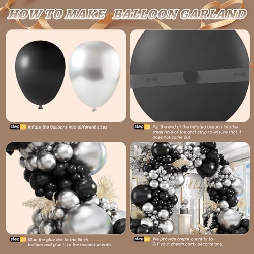412Pcs Black and Silver Balloons Arch Kit, Latex Balloons Different Sizes 18 12 10 5 Inch for Birthday, Wedding, Graduation, Anniversary Decorations - Image 2