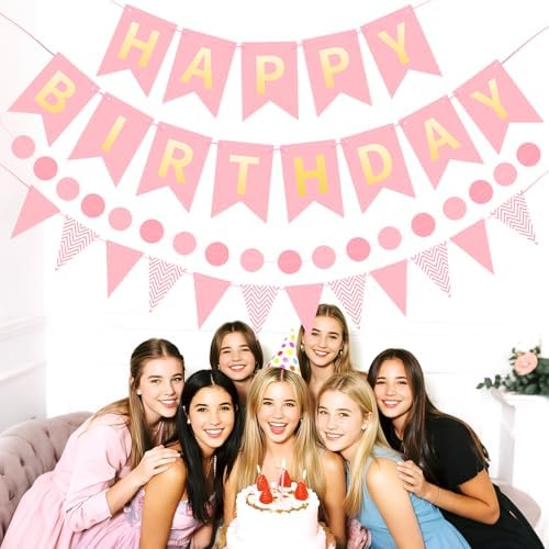 Pink Happy Birthday Banner Hanging Sign Circle Dot Triangle Bunting - Image 4