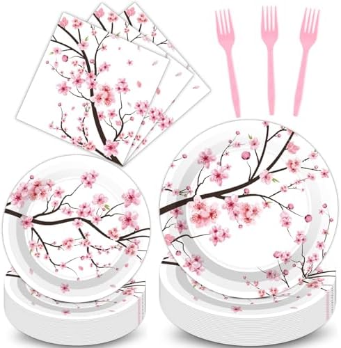 Qyeahkj 100 PCS Cherry Blossom Party Supplies Set Cherry Blossom Plates and Napkins Japanese Disposable Paper Party Tableware Forks Packs Decorations for Hibachi Spring Birthday Decoration Serve 25 by Qyeahkj