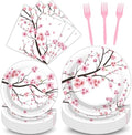 Qyeahkj 100 PCS Cherry Blossom Party Supplies Set Cherry Blossom Plates and Napkins Japanese Disposable Paper Party Tableware Forks Packs Decorations for Hibachi Spring Birthday Decoration Serve 25 by Qyeahkj