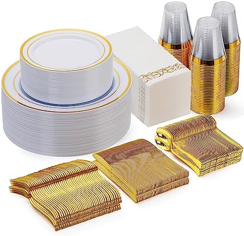 Goodluck 350 Pcs Gold Dinnerware Sets for 50 Guests, Disposable Plate Sets by GoodLuck
