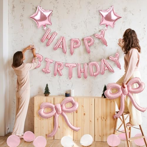 Bow Party Decorations Pink Happy Birthday Balloons Banner Pink Birthday Decorations Bow Balloons for Women Girls Birthday Decor Party Supplies - Image 6