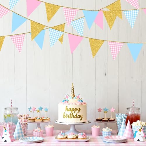 Pink and Blue Buffalo Plaid Gold Party Decorations Pennant Banner Flag Hanging Glitter Paper Triangle Bunting for Birthday Wedding Bridal Shower He or She Pink or Blue Party Supplies - Image 5