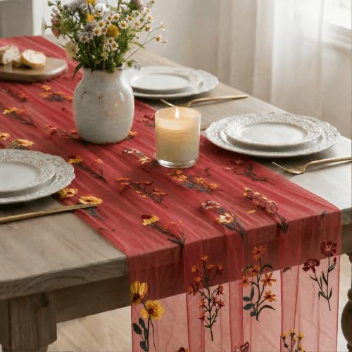 Artoid Mode Wildflower Red Gauze Embroidery Table Runner 120 Inch 10FT - Image 4