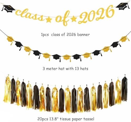 Black Gold Graduation Party-Decorations Garland - 36pcs Congrats Grad Class 2026 Banner,Hat Hanging Streamers,College High School Congratulations Master Celebration Classroom Backdrop Decor Burgleda - Image 2