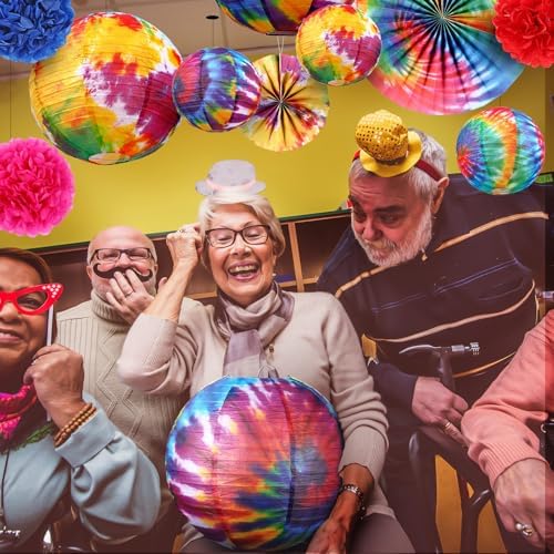 Hortsun 16 Pcs Tie Dyed Party Decorations Include 6 Pcs 12 "and 6" Groovy Hippie Hanging Paper Lanterns,6 Paper Fans -3 Size and 4 Flowers,60s Party Ceiling Wall Decor Chinese/Japanese Groovy Decor - Image 6