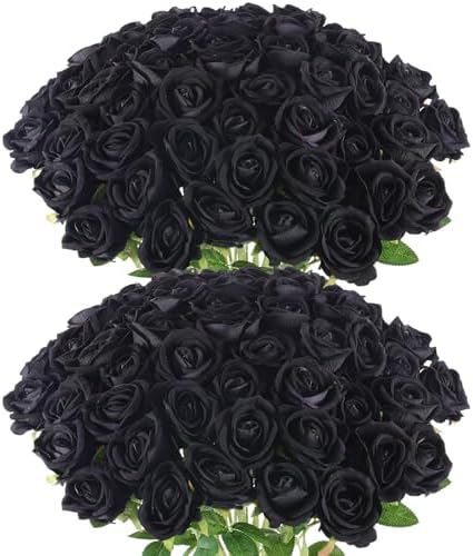 Hananona 50 Pcs Artificial Roses, Realistic Silk Black Flowers Bulk by HANANONA
