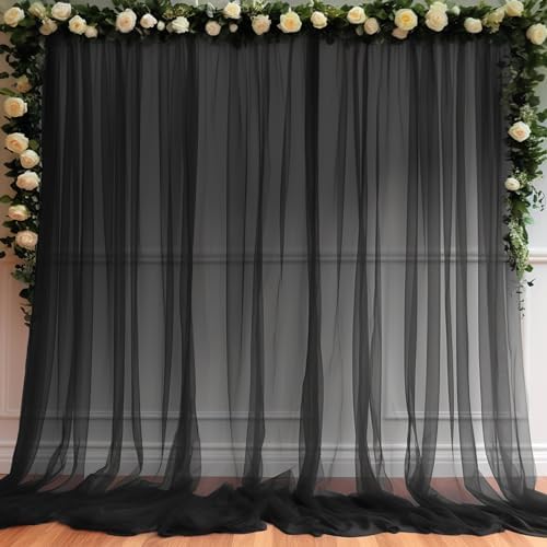 10ft X 10ft Black Sheer Backdrop Curtain for Parties, Tulle Sheer Fabric Backdrop Curtain Drapes for Baby Shower Birthday Party Photo Shoot Halloween Decorations by Partisky