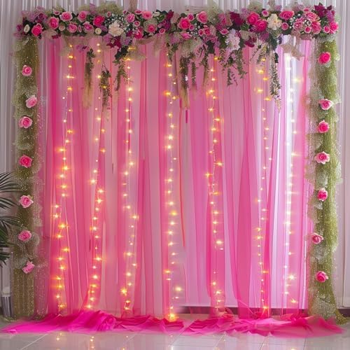 10x10ft Hot Pink Tulle Backdrop Curtain with Lights String for Parites, Sheer Backdrop Curtains for Wedding Baby Shower Birthday Party Photo Shoot Decorations by Partisky