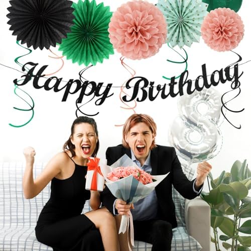 Sage-Green Blush-Pink Black Birthday Party-decorations - 21pcs Girls Woman Happy Banner Garland, Paper Streamers Lanterns,Flower Tissue Pom Poms Fan Supplies,Wall Backdrop Decor Huglony - Image 4