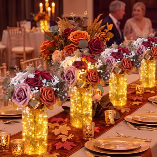 Domensi Set of 6 LED Lighted Floral Table Centerpieces, Faux Roses, Eucalyptus & Baby's Breath in Acrylic Vase, Glowing Rustic Wedding Decor for Bridal Shower & Dining Table (5 Colors) - Image 6