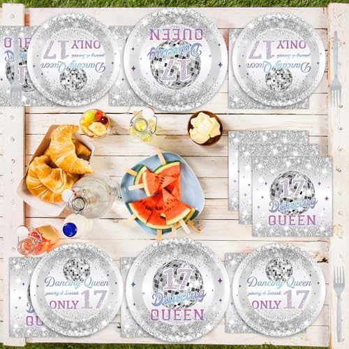 CHUNNIN 96Pcs Dancing Queen Plates and Napkins for 17 Birthday Party Decorations for Girls Silver 17 Year Old Dessert Plates Dancing Queen Tableware Set for 24 Guests 17 Birthday Party Supplies - Image 5
