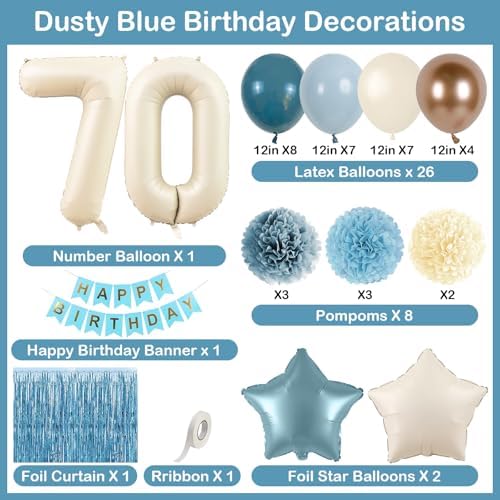 Dusty Blue 70th Birthday Party Decorations Men Beige Number 70 Balloon - Image 4