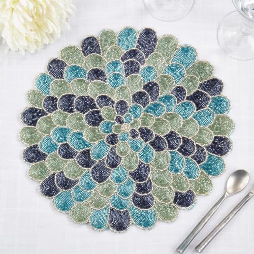 Fennco Style Beaded Peacock Placemat 14" Round, 1-Piece - Blue Glam Feather Inspired Table Mat for Home Décor, Family Gatherings, Birthdays and Special Events by FenncoStyles