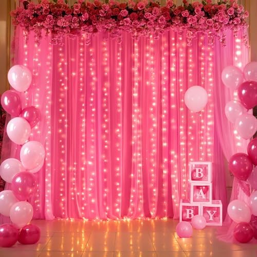 Hot Pink Tulle Backdrop Curtain with Lights for Parties 10x8ft Fuchsia Sheer Backdrop Curtains for Weddings Birthday Baby Shower Photo Shoot Background Decorations - Image 5