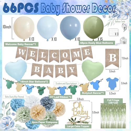 Blue Sage Green Baby Shower Decorations-Welcome Baby Boy Banner, Fringe Curtains, Paper Pompoms, Olive Green Dusty-blue Beige Cream Latex Balloon Décor For Boho Easter Jungle Baby Shower Blue Party - Image 2