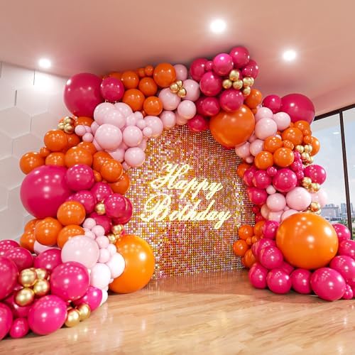 Pink and Orange Balloon Arch Kit, ADOINBY 161Pcs Hot Pink Orange Metallic Gold Latex Balloon Garland kit, 18 12 10 5 Inch Different Size Balloons for Birthday Baby Shower Wedding Party Decorations by ADOINBY