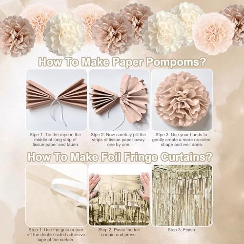 Beige Brown Birthday Decorations for Women, Gold Neutral Cream Sand White Party Balloon Kit with Boho Happy Birthday Banner Fringe Curtain Background Pom Pom Cake Topper for Boy Girl Men Bday Supplies - Image 6