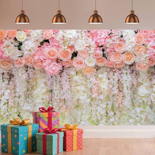 10x8ft Pink Rose Flower Wedding Photography Backdrop Spring Floral Photography Backdrop Valentine's Day Mother's Day Girl Birthday Baby Shower Wedding Bridal Party Banner Photo Booth Props Background - Image 4