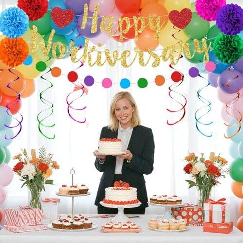 Happy Workiversary Party Decorations Colorful Glittery Work Anniversary Banner Hanging Swirls Paper Pompoms Circle Dots Garland for Men Women Office Employee Worker Appreciation Party Supplies - Image 3