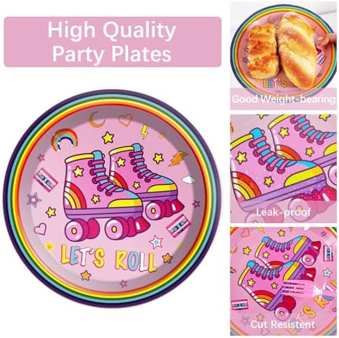 Qyeahkj 100 Pcs Roller Skating Party Plates and Napkins Set Pink Roller Skate Birthday Decorations Supplies Tableware Roll Skating Themed Party Favors for Girls Birthday Decorations Serves 25 - Image 3