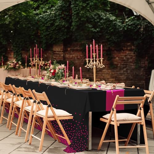 MASHAN 16Pack Disposable Plastic Party Tablecloths and Satin Table Runner Set - Black Hot Pink Dot - Wedding, Birthday, Baby Shower, Anniversary, Holiday Party Decorations - Image 5