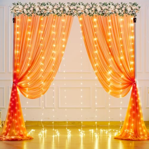 Orange Tulle Backdrop Curtain with Lights String for Parites 10x8ft Sheer Backdrop Curtains Drapes for Birthday Party Baby Shower Wedding Ceremony Prom Halloween Photo Booth Background Decorations - Image 2