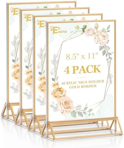 EHWINE 4 Pack Acrylic Sign Holder 8.5 x 11, Double Sided Gold Picture Frame Stand up Table Top Sign Holders, Clear Display Stand Menu Flyer Holder for Wedding Party (Provide Non-slip Mats) by EHWINE